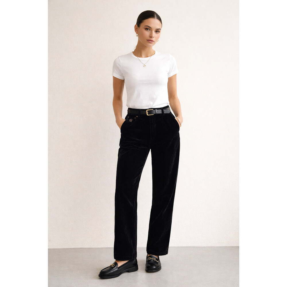 Vintage Tommy Jeans Velvet Pants Womens 8 Black Crest Logo Straight Leg 90s